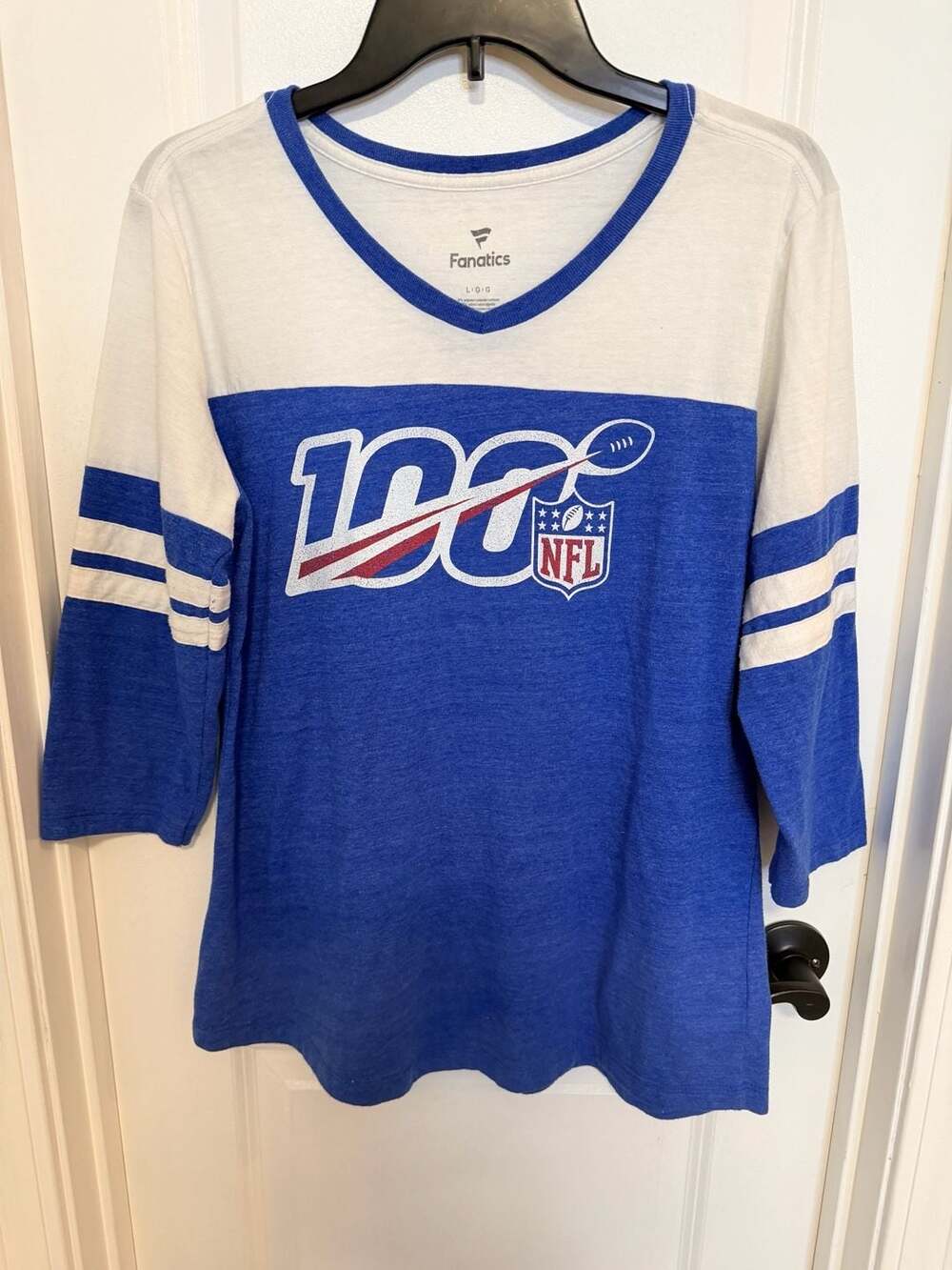 Fanatics NFL 100 3/4 Sleeve T-Shirt Size L Blue White Football